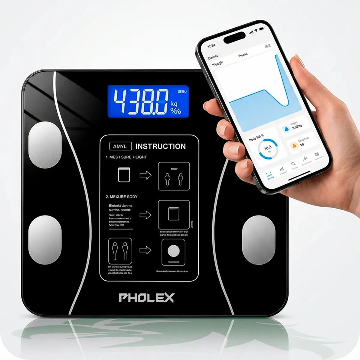 Balança Digital Corporal Bioimpedância Pholex Com Aplicativo Bluetooth Android e iOS Vidro Temperado Alta Capacidade Balança Academia Personal Banheiro Homologada Anatel