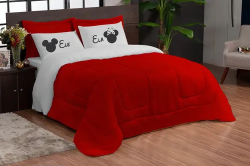 Kit Edredom Ternura Casal Queen + 4 Peças Dupla Face Vermelho/branco Estampa Ele/Ela Casa Laura Enxovais