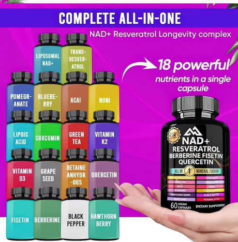 Nad+ Resveratrol Berberina Fisetin Quercetin 60 Cápsulas