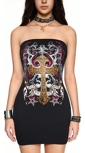 Vestido Corto Strapless Goth Grunge Cruz Brillos Importado