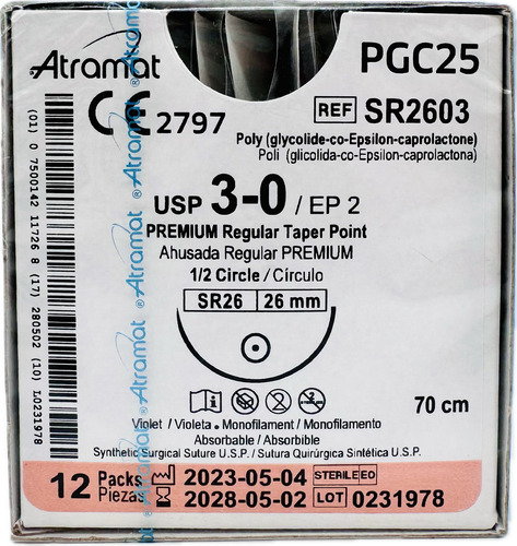 Sutura Monocryl Pgc25, 3-0. Ref: Sr2603. C/12 Pz. Atramat