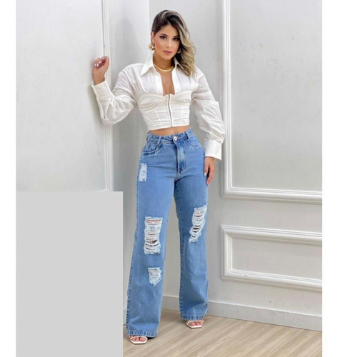 Calça Com Rsgos Pantalona Cintura Alta Jeans Feminina