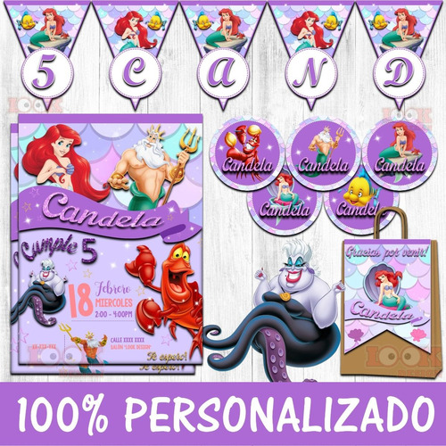 Kit Imprimible Candy La Sirenita Ariel Lila Personalizado