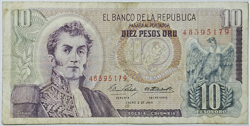 Billete 10 Pesos 02/ene/1969 Colombia F-vf