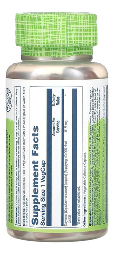 Solaray Suplemento Pimienta De Cayena 515 Mg 100 Cáp Sabor Sin Sabor