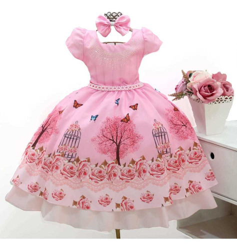 Vestido Infantil Tema Jardim Encantado Festa Luxo Rosa