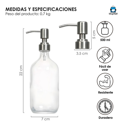 Juego 2 Dispensadores Jabón Vidrio Transparente 500ml Baño Color Trasnparente
