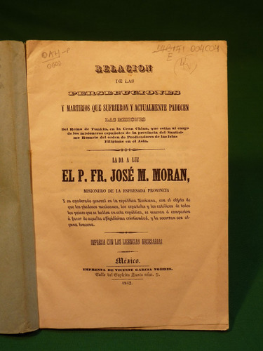 Moran,j.m. Relación De Las Persecuciones Y Martirios... 1842