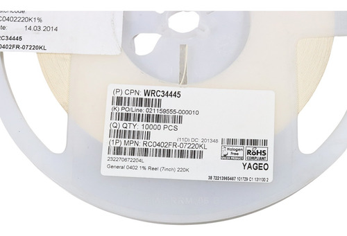 20 Pzas Resistor Pelicula Gruesa 220k Ohms 1/16w 0402 Smd 1%