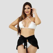 Comprar Saída De Praia Saia Curta Pareô Moda Envelope Babado Cor Preta Desenho Do Tecido Liso Tamanho Único