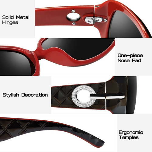 Lentes De Sol Mujer Polarizados Dama Uv400 Grandes De Moda Diseño Clásico Anti Luz Solar Con Alta Definición Armazón Rojo Joopin
