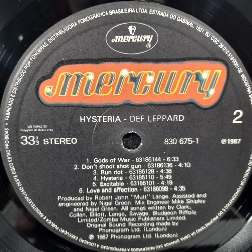 Imagem 6 de 8 de Vinil Lp Def Leppard Hysteria Com Encarte Bom Estado