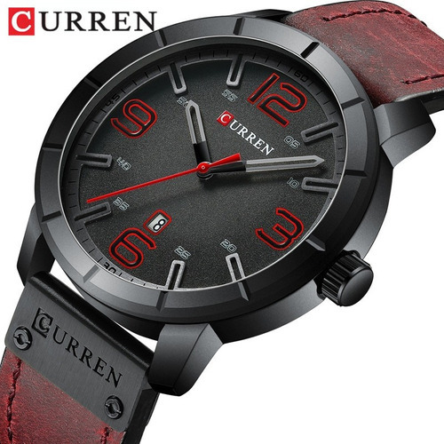 Relojes De Cuarzo De Cuero Con Calendario Curren Para Hombre Color Del Bisel Negro/rojo