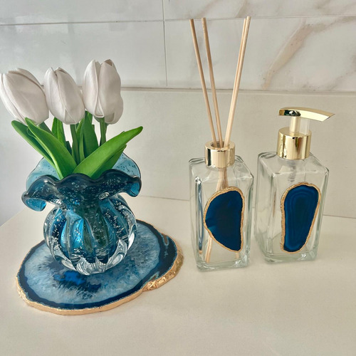 Platter De Ágata Azul Com Borda Dourada - 16 A 19cm Azul