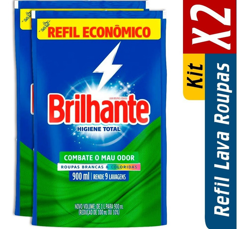 Kit 2 Refil Sabao Liquido Brilhante Higiene Total 900ml