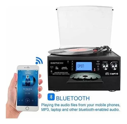 DIGITNOW Reproductor de grabación Bluetooth con altavoces estéreo,  tocadiscos para vinilo a MP3 con reproducción de casete, radio AM/FM,  control