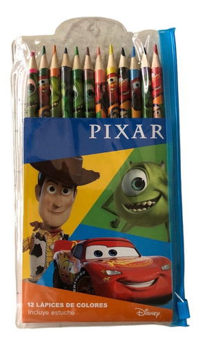 Set De 12 Lapices De Colores Disney Pixar Con Estuche 1119