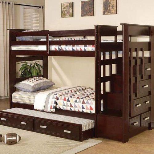 Cama Cucheta Escalera Lateral Con Cajones 1-1/2 Plaza Marrón Oscuro Camarote Con Escalera (Usado)