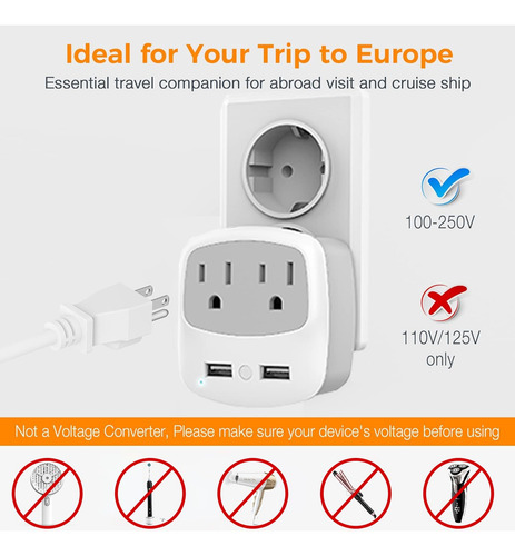 Adaptador De Enchufe De Viaje Tessan Con 2 Usb Tipo C Eu