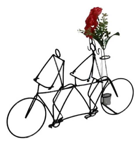 Centro De Mesa Artesanal Pareja En Bici Doble Con Florero