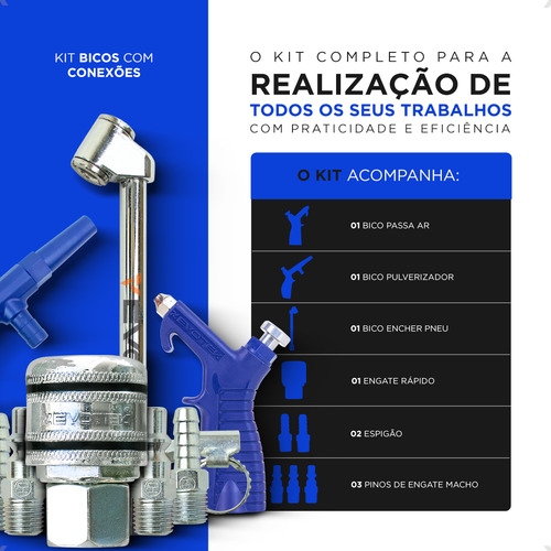 Kit com Engate Rápido Bico Passar Ar Pulverizador Calibrador Pro Bico de encher pneu Evotek