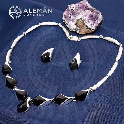 Hermoso Juego De Collar Y Aretes De Plata .925 Gala Negro