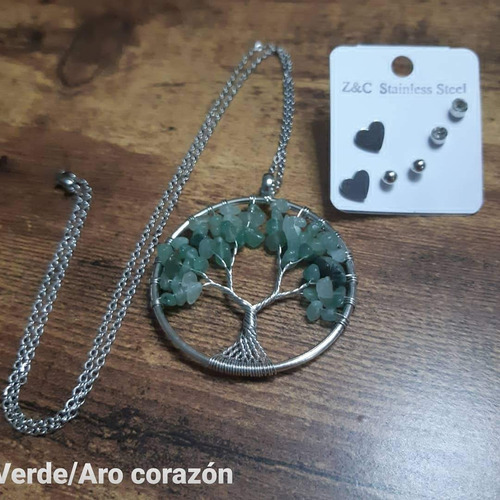 Colgante Árbol De La Vida En Cuarzo +set De 3 Aros En Acero 