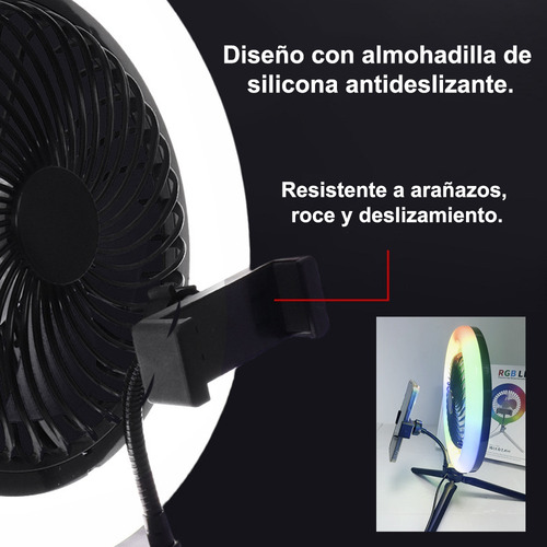 Mini Ventilador Escritorio Con Aro Luz Led Rgb Trípode Mesa 25 Cm Negro Blanco Plástico 5