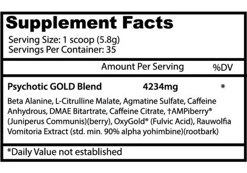 Suplemento en polvo Insane Labz Psychotic Gold cafeína sabor puñetaso azul en pote de 203g