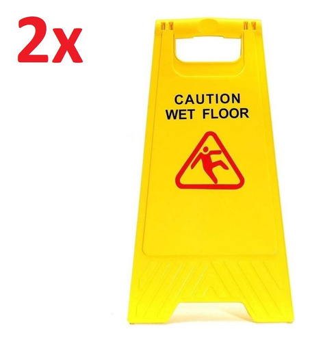 Kit 2 Placa Caut Wet Floor Amarela Cavalete Sinalizador
