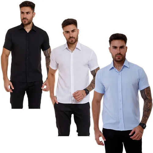 Kit Com 3 Camisa Social Masculina Slim Fit Manga Curta