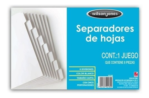 Separador Wilson Jones P2189 Carta 8 Cejas Color Blanco