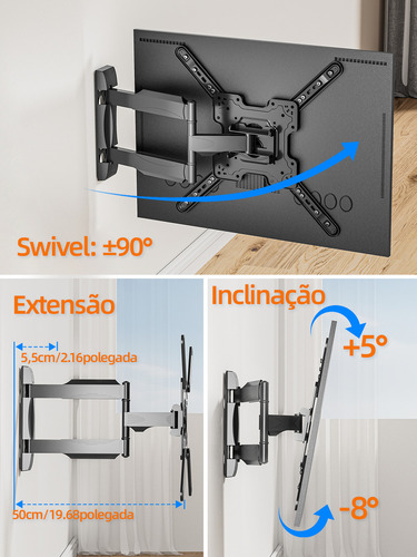 Suporte Tv Tri Articulado 14'' A 63'' Para Parede E Painel Cor Preta