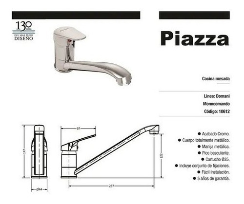 Imagen 3 de 8 de Griferia Monocomando Piazza Cocina Mesada Domani