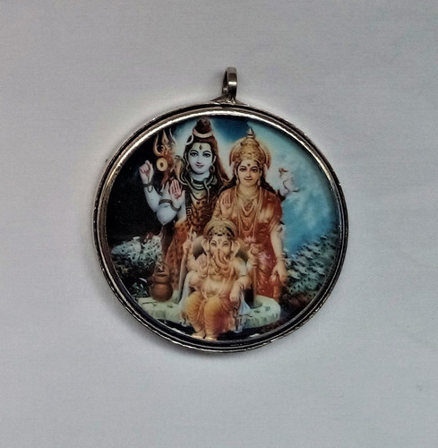 Shiva Parvati Ganesha Dije Medalla Acero Cristal Hinduismo