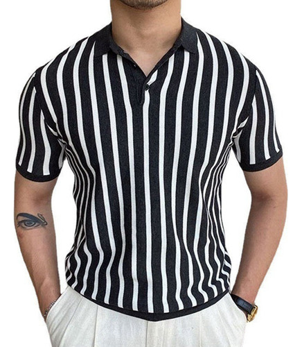 Camisa De Manga Corta De Punto A Rayas Negras Para Hombre