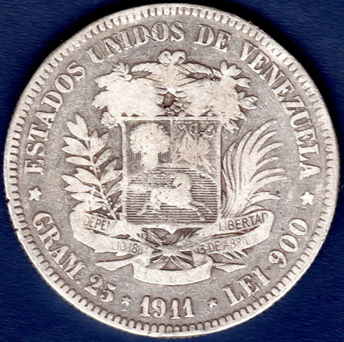 Moneda Fuerte De Plata 5 Bolívares De 1911