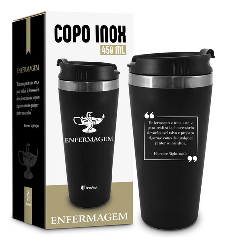 Copo Inox Emborrachado Enfermagem 450ml Presente Brasfoot Cor Preto