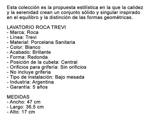 Bacha Bajo Mesada Loza 47 Cm Roca Trevi Vanitory Baño Promo