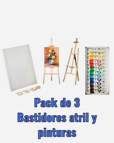 Pack Set De 3 Bastidores Atril 90cm Y 12 Pinturas + Pinceles