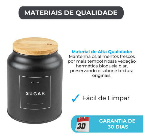 Pote De Açucar Sense Sugar Preto Fosco Com Tampa De Bambu