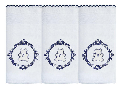 Fralda De Ombro Bordado 03 Peças - Urso Arabesco Branco