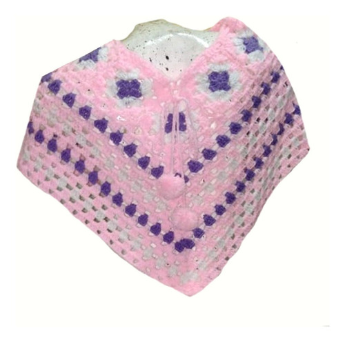 Poncho Granny Square Crochet Tejido A Mano 2 A 4 Años Rosa 