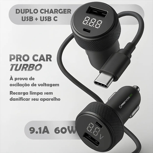 Carregador Veicular Turbo 60w Kit Com Cabo Tipo C Ou Ios