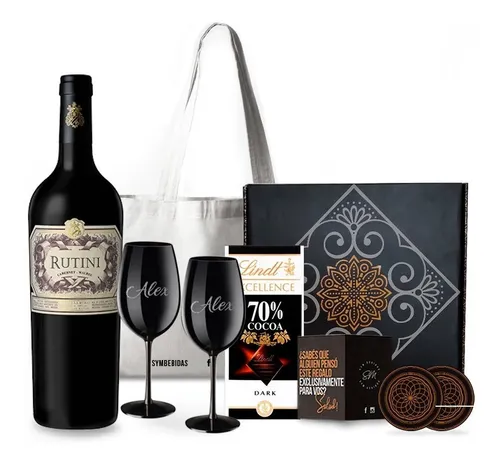 Box Vino Rutini Cabernet Malbec Copas Negras Chocolates Kit