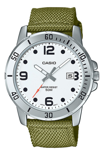 Reloj De Pulsera Casio Mtp-vd01c Correa De Tela Verde Correa Verde Musgo Bisel Plateado Fondo Blanco