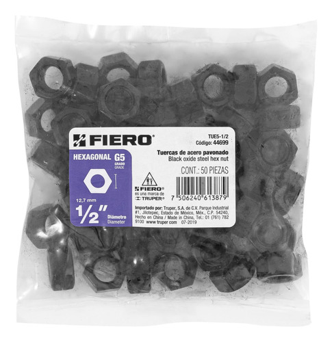50 Tuercas 1/2'' Hexagonales Pavonadas, Grado 5 Fiero 44699