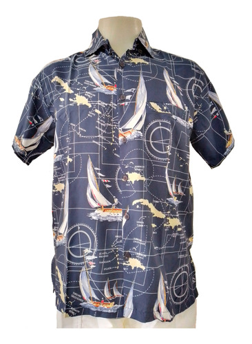 Camisa Hawaiana Manga Corta Para Hombre Velero, Mapa,  Rima 