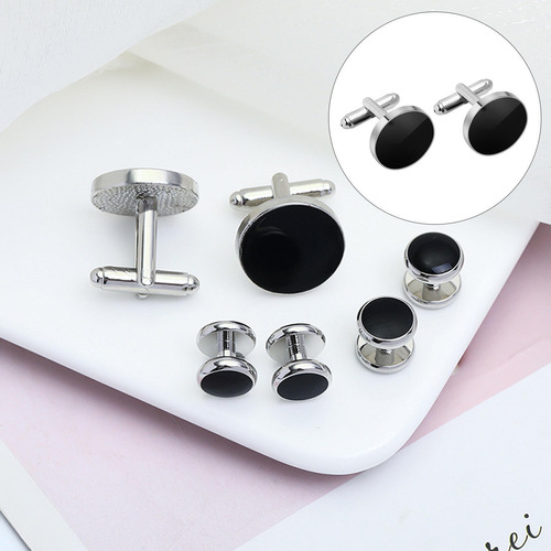 Kit De Abotoaduras Prateado Preto Sólido 2 Botões De Punho