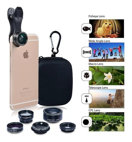 Kit Apexel 5 Lentes P/ Smartphone Cpl Macro Wide Fisheye P40